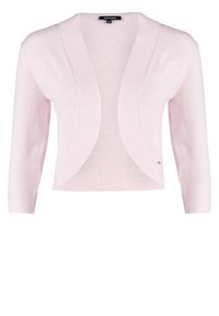 Cardigan court rose clair ouvert devant, manches trois-quarts et bords incurvés à l'avant sur fond uni.