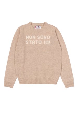 Maglione beige a maglia con polsini e orlo a costine, con la frase italiana "NON SONO STATO IO!" sul davanti in filato più chiaro.
