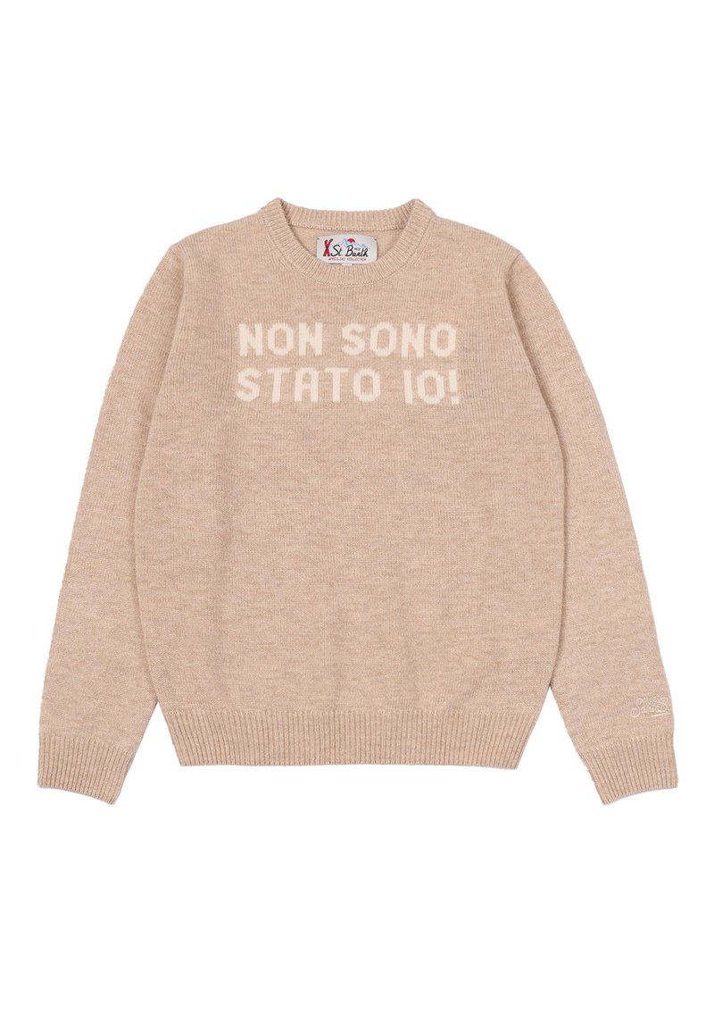 Maglione beige a maglia con polsini e orlo a costine, con la frase italiana "NON SONO STATO IO!" sul davanti in filato più chiaro.