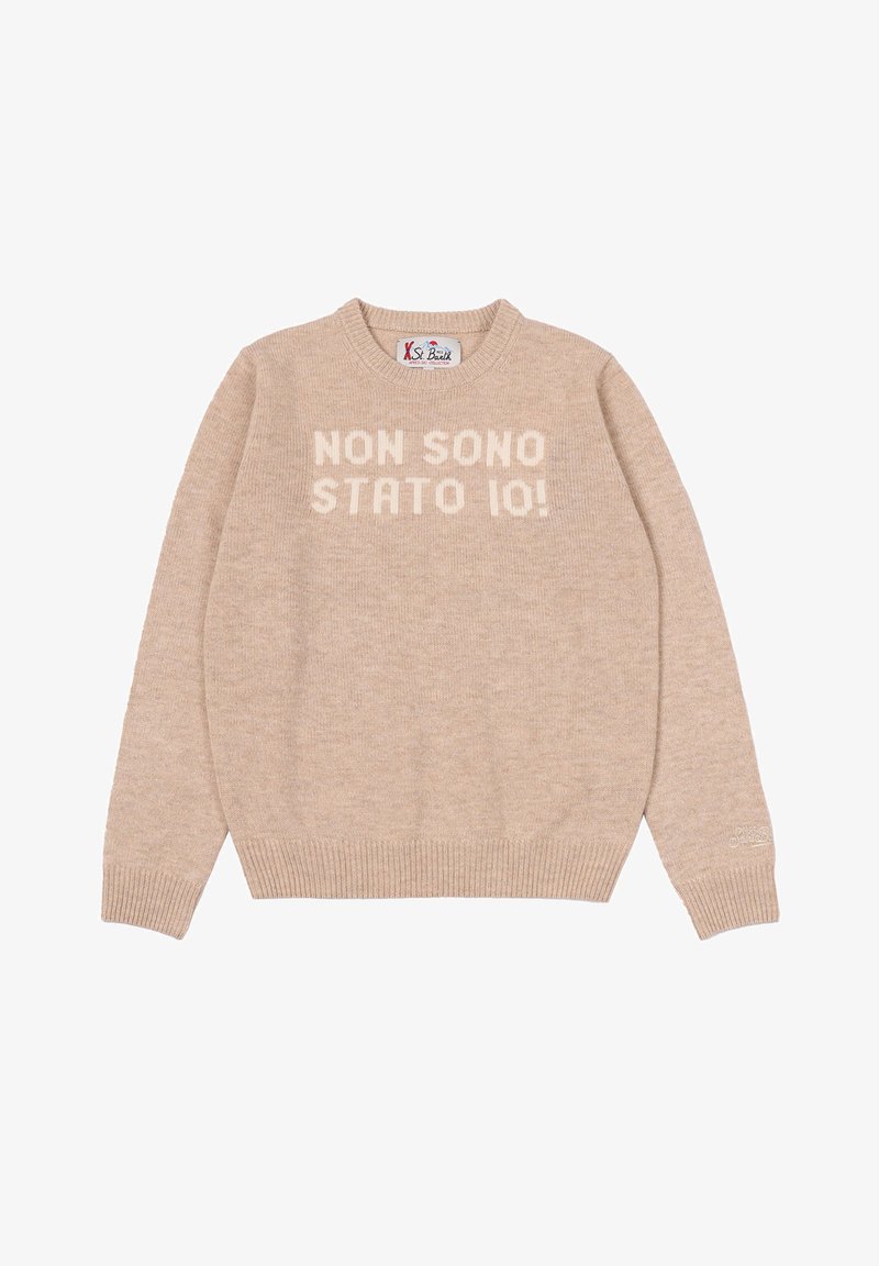 Maglione beige a maglia con polsini e orlo a costine, con la frase italiana "NON SONO STATO IO!" sul davanti in filato più chiaro.