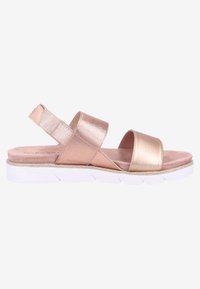 Sandale métallique en or rose à bout ouvert avec deux larges brides et une semelle blanche texturée, équipée d'une bride arrière pour le maintien.