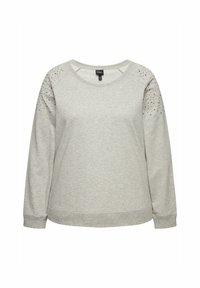 Felpa grigia con maniche lunghe, scollatura arrotondata e dettagli con borchie sulle spalle. Realizzata in morbido tessuto misto cotone.