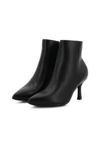Stivaletti neri alla caviglia in pelle liscia, con punta affusolata e tacco sottile. Il design presenta una silhouette elegante e dettagli minimi.