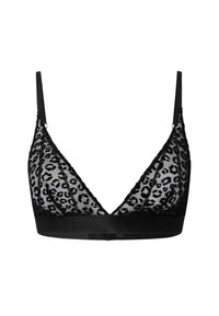 Schwarzer Bralette mit einem transparenten Leopardenmuster-Oberteil und einem soliden schwarzen Bund. Verstellbare Träger und Spitzendetails verbessern das Design.