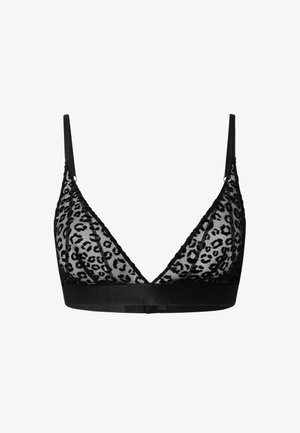 Schwarzer Bralette mit einem transparenten Leopardenmuster-Oberteil und einem soliden schwarzen Bund. Verstellbare Träger und Spitzendetails verbessern das Design.