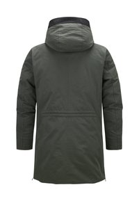 Dunkelgrüne mittellange Jacke mit Kapuze, glatter Textur und schwarzem Kragen mit geprägtem "MILESTONE". Schlichtes und funktionales Design.