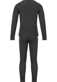 Mørkegrå to-delt lang undertøjsæt lavet af blødt stof, med lange ærmer og tætsiddende leggings, glat tekstur og ribbede manchetter.
