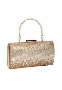 Goldfarbene Clutch-Tasche mit abnehmbarem, geflochtenem Henkel. Überzogen mit einem Ombré-Muster aus funkelnden Perlen, das von klar zu gold übergeht.