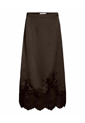 Jupe midi en satin marron foncé avec ourlet en dentelle florale festonnée et ceinture droite.