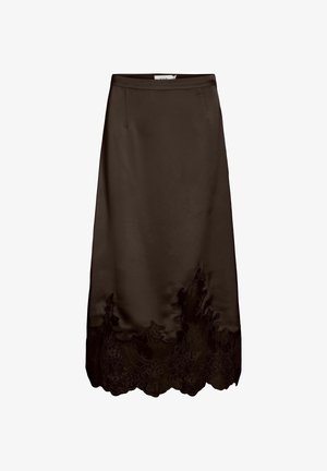 Mellomlang satengskjørt i mørk brun med bølget blonderkant med blomster og rett midjebånd.