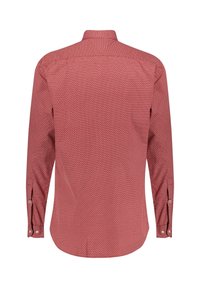 Czerwona koszula z długim rękawem w mały biały wzór geometryczny, z zapiętymi mankietami i klasycznym kołnierzykiem, ukazana z tyłu na białym tle.