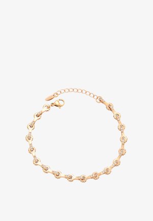 Guldtonet armbånd med sammenkoblede led og stenbelægninger, struktureret overflade og en lås med lobsterklør. Justerbar kædelængde.