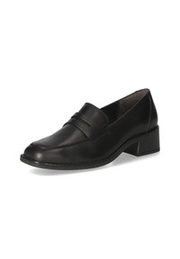 Schwarze Lederloafers mit einem niedrigen Blockabsatz, die einen breiten Riemen über den Schuhspitzen und dezente Nähte entlang der Kanten aufweisen.