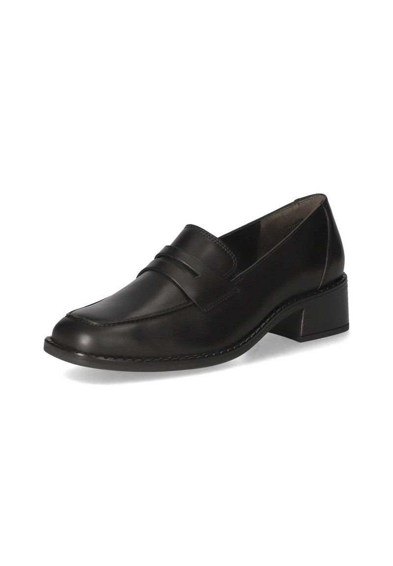Schwarze Lederloafers mit einem niedrigen Blockabsatz, die einen breiten Riemen über den Schuhspitzen und dezente Nähte entlang der Kanten aufweisen.
