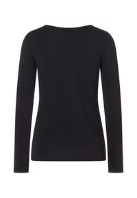Schwarzes Langarmshirt aus weichem Stoff, mit rundem Ausschnitt und figurbetontem Schnitt, nahtlosen Bündchen und ohne sichtbare Markenkennzeichnung.