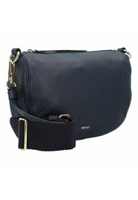 Navy Leder Umhängetasche mit glatter Textur, goldenen Beschlägen und einem verstellbaren gewebten Tragegurt. Mit eingeprägtem Logo auf der Vorderseite.