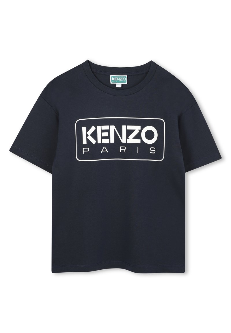 T-shirt en coton bleu marine à manches courtes, avec un graphique rectangulaire blanc portant le texte "KENZO PARIS" en caractères gras.