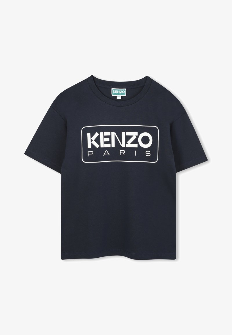 T-shirt en coton bleu marine à manches courtes, avec un graphique rectangulaire blanc portant le texte "KENZO PARIS" en caractères gras.
