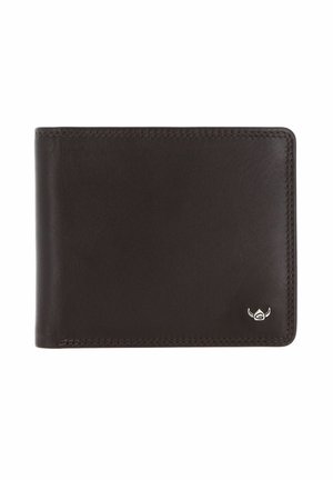 Portefeuille bifold en cuir brun foncé avec des coutures soignées et un petit logo de taureau argenté dans le coin inférieur droit, sur fond blanc.