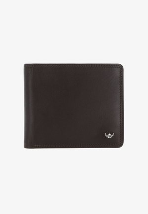 Dark brown leather bifold wallet with neat stitching and a small silver bull logo in the bottom right corner, set against a white background.