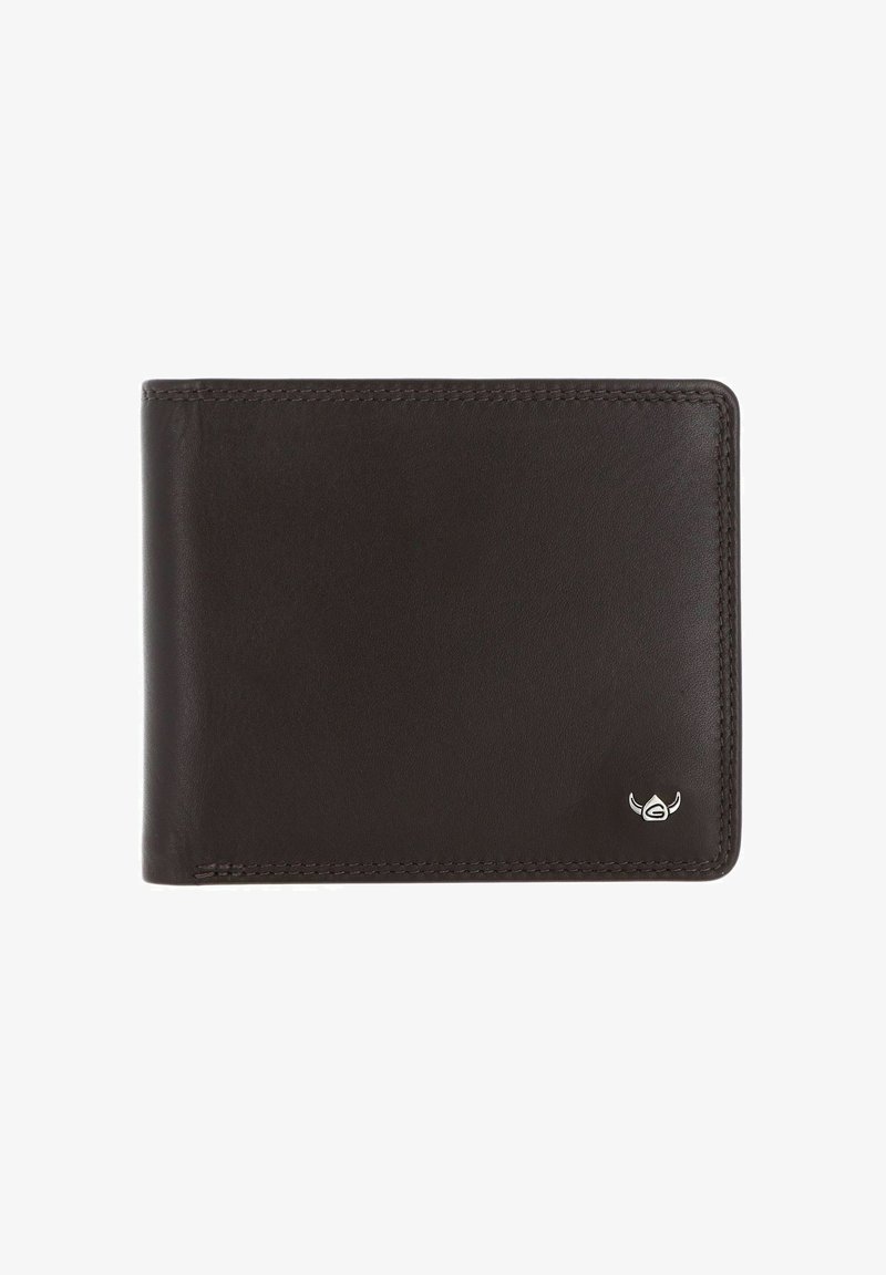 Portefeuille bifold en cuir brun foncé avec des coutures soignées et un petit logo de taureau argenté dans le coin inférieur droit, sur fond blanc.