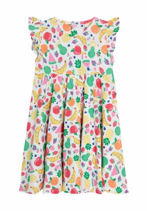 Robes en coton avec un imprimé fruité coloré, des manches volantes et un col rond. Le design présente divers fruits sur un fond clair.