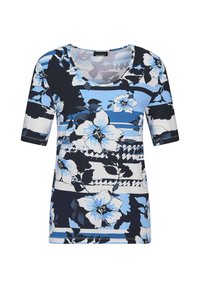T-shirt met bloemenprint in verschillende tinten blauw, wit en marineblauw, met een ronde halslijn en korte mouwen. Gladde stofstructuur.
