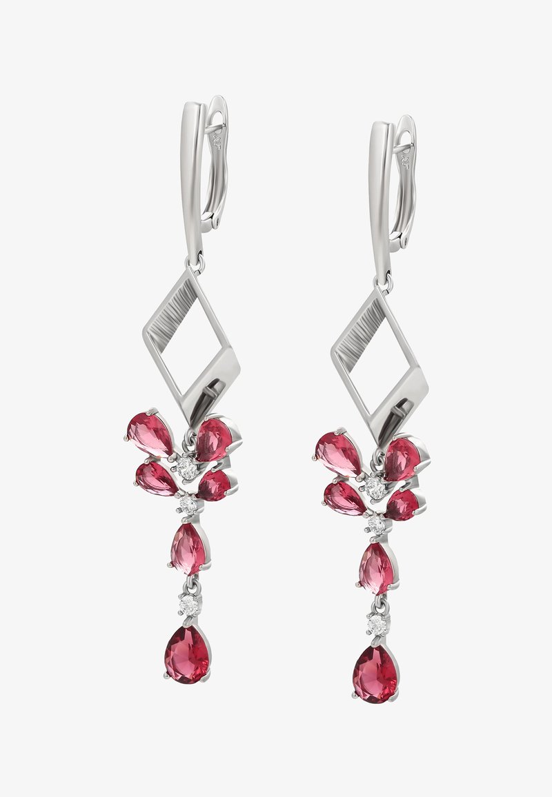 Strieborné náušnice so geometrickým dizajnom s akcentom v tvare diamantov, zdobené viacerými ružovými drahokamami a čírymi kameňmi.