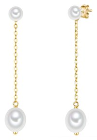 Guld kedjehängsöron med två vita pärlor på en delikat kedja, med polerade ytor och en enkel, elegant design.