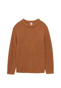 Pull en tricot couleur rouille avec un motif texturé, col rond et manches longues. Présente un design en V sur le devant.