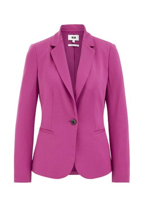 Blazer ajusté pour femme à bouton unique de couleur rose vif avec revers crantés et deux poches frontales passepoilées, taille petite.