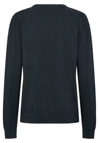 Černý svetr s dlouhým rukávem a kulatým výstřihem, s žebrovanými manžetami a spodním lemem, zobrazený zezadu na bílém pozadí.