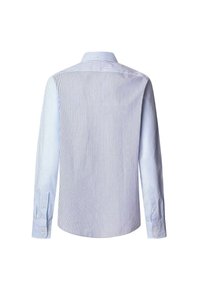 Camisa de botones a rayas en azul claro y blanco. Presenta mangas largas y un cuello clásico, fabricada en un tejido suave y ligero.