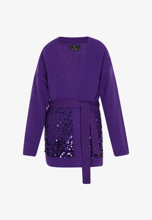 Purple knitted cardigan with a deep v-neck, wide sleeves, and a tied belt. Features a sequin-embellished front for added texture and detail.