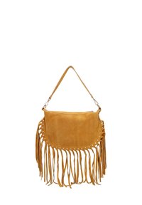 Suède handtas in mosterdgeel met franjes. Heeft een ronde vorm, een enkele schouderband en decoratieve stiksels langs de rand.