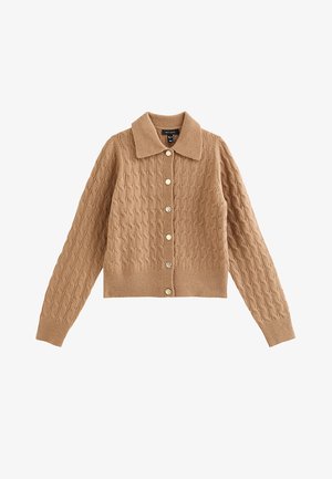 Tan gebreid vest met een kabelpatroon, verlengde kraag en zes ronde knopen aan de voorkant. Geribbelde manchetten en zoomdetail.