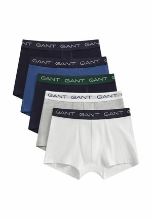 Cinq paires de boxers pour hommes en noir, marine, bleu, gris et blanc, chacun avec une ceinture à logo GANT.