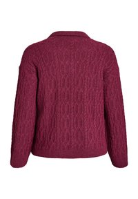 Burgundin värinen neuleneuletakki, jossa on teksturoitu palmikkokuvio, taitettava kaulus ja pitkät hihat, valmistettu pehmeästä ja mukavasta kankaasta.