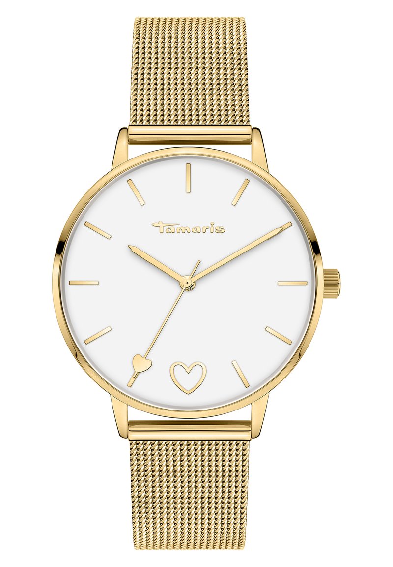 Goldfarbene Mesh-Armbanduhr mit einem weißen Zifferblatt, das einfache Stundenmarkierungen, einen Minutenzeiger und Herzakzente auf dem Zifferblatt aufweist.