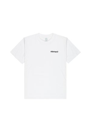 Bílé bavlněné tričko, krátké rukávy, kulatý výstřih, s černým nápisem „element“ na levé straně hrudníku. Jednoduchý design, bez vzorů.