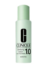 Clinique klargörande lotion 1.0 i en ljusgrön cylindrisk flaska med en matchande kapsyl. Har svart text som anger produktinformation.