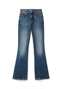 Jeans de denim acampanados en azul oscuro con un desvanecimiento más claro, que cuentan con cinco bolsillos, costuras en contraste y un cierre de botón.