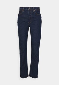 Dark blue straight-leg denim jeans with front button, zipper closure, and five-pocket design.