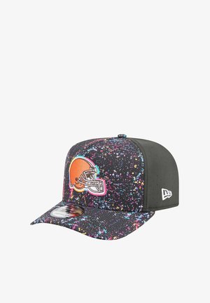 Black cap with a colorful splatter pattern, featuring a Cleveland Browns logo in orange and brown on the front. Solid-colored accents.