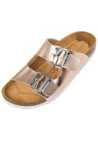 Sandal con slide in color rosa metallizzato, due cinturini regolabili con fibbie argentate, plantare in sughero e suola texturizzata.