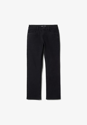 Zwarte denim jeans met een rechte snit, voorzien van een knoop- en ritssluiting, een ontwerp met vijf zakken en subtiele stikseldetails.