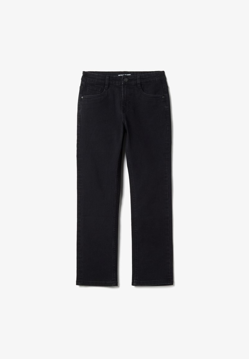 Jean en denim noir avec une coupe droite, doté d'une fermeture à boutons et fermeture éclair, d'un design à cinq poches, et de détails de couture subtils.