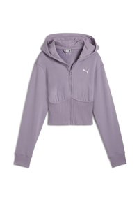 Hoodie cropped viola con chiusura a zip, maniche lunghe, bordo a costine e cappuccio regolabile con cordino. Presenta un logo bianco sul lato sinistro del petto.