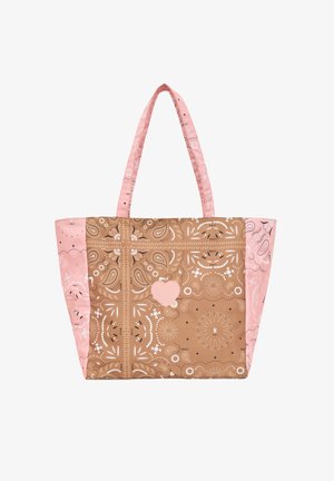 Tote bag featuring a brown floral pattern on one side and pink paisley design on the other. Soft fabric, two pink straps, heart accent detail.