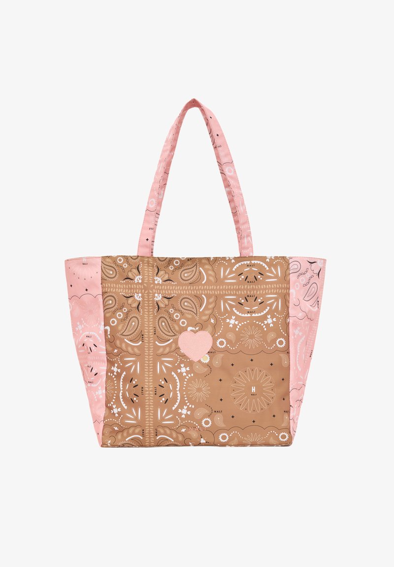 Tygkasse med ett brunt blommönster på ena sidan och ett rosa paisley-mönster på den andra. Mjukt tyg, två rosa remmar, hjärtaccentdetalj.